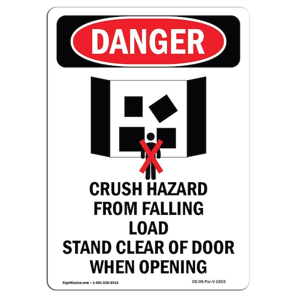 Safety Sign, OSHA Danger, 24" Height, Aluminum, Crush Hazard From, Portrait